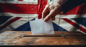 Hand Placing Ballot in Wooden Box With UK Flag Background photo