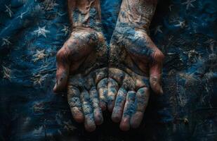 Dusty Hands on Blue Background photo