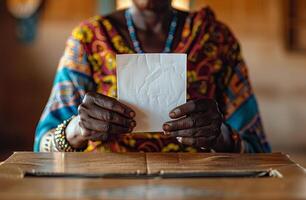 Woman Holding Blank White Card photo