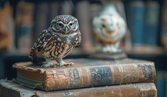 Owl Perched on Old Book in Autumn photo