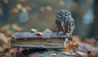 Owl Perched on Old Book in Autumn photo