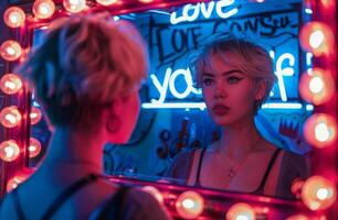 Woman Looking in Mirror With Neon Sign photo