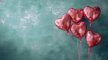 Pink Heart Balloons Against Teal Background photo