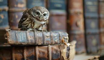 Owl Perched on Old Book in Autumn photo