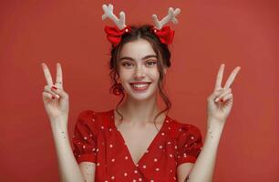 Woman in Reindeer Antlers Makes Peace Sign photo