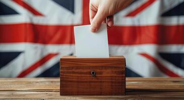 Hand Placing Ballot in Wooden Box With UK Flag Background photo