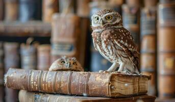 Owl Perched on Old Book in Autumn photo