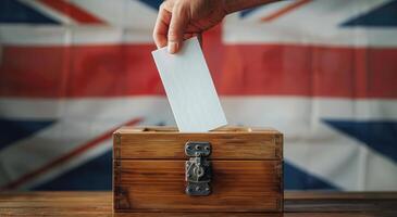 Hand Placing Ballot in Wooden Box With UK Flag Background photo