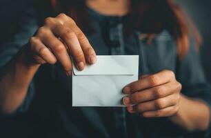 Woman Holding Blank White Card photo