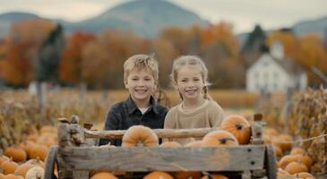 Children Riding Wagon Through Pumpkin Patch photo