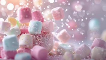 Pink And White Marshmallows Falling On Sprinkles photo