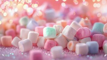 Pink And White Marshmallows Falling On Sprinkles photo