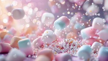 Pink And White Marshmallows Falling On Sprinkles photo