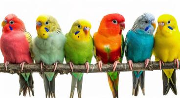 Colorful Budgies Perched on Branch photo
