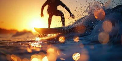 Silhouette of Surfer Riding Wave at Sunset photo