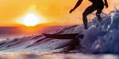 Silhouette of Surfer Riding Wave at Sunset photo