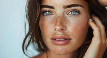 de cerca retrato de mujer con pecas y azul ojos foto