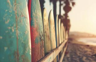 Surfboards Lined Up in Sunset photo