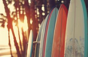 Surfboards Lined Up in Sunset photo