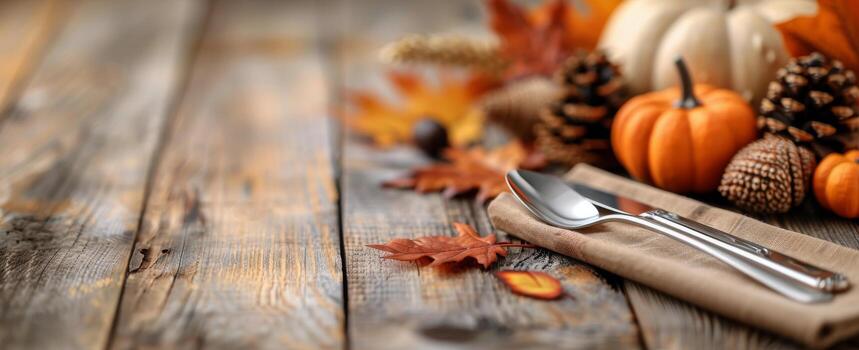 Fall Table Setting With Pumpkins and Pine Cones photo