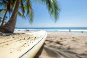 Surfboard On Beach Under Palm Tree photo