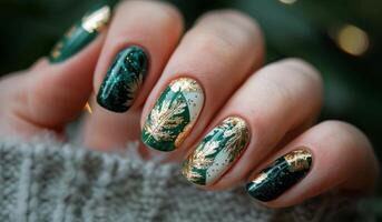 Green and Gold Nail Art With Leaf Design photo