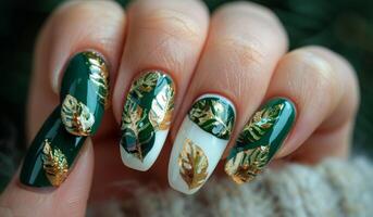 Green and Gold Nail Art With Leaf Design photo