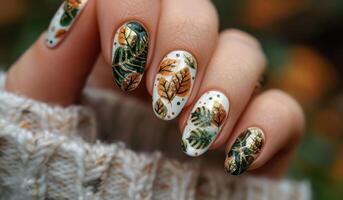 Green and Gold Nail Art With Leaf Design photo