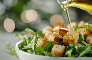 Olive Oil Drizzled Over Croutons and Greens photo