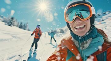 Woman Skiing In Snow With Friend photo