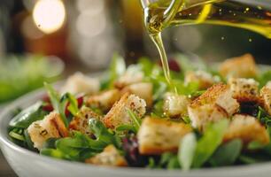 Olive Oil Drizzled Over Crouton Salad photo