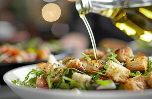 Olive Oil Drizzled Over Croutons and Greens photo