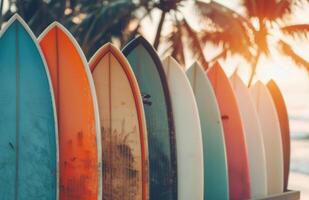 Colorful Surfboards Leaning Against Fence photo