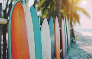 Colorful Surfboards Leaning Against Fence photo