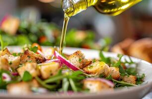 Olive Oil Drizzled Over Crouton Salad photo