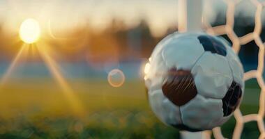 Soccer Ball In Goal Net At Sunset photo