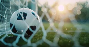 Soccer Ball In Goal Net At Sunset photo