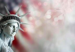 Statue of Liberty Close-Up With American Flag Background photo