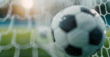 Soccer Ball In Goal Net At Sunset photo