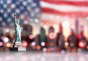 Statue of Liberty Close-Up With American Flag Background photo