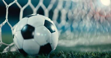 Soccer Ball In Goal Net At Sunset photo