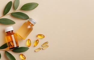Bottles and Pills on Beige Background photo