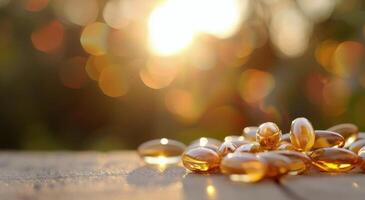 Golden Supplements On Wooden Surface At Sunset photo