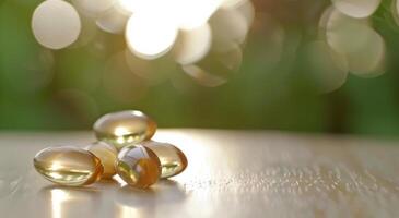 Golden Supplements On Wooden Surface At Sunset photo
