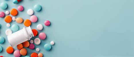 Pills Spilling From Bottle on Blue Background photo
