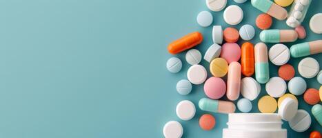 Pills Spilling From Bottle on Blue Background photo