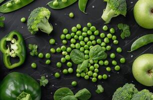 Fresh Green Peas and Pods on Black Background photo