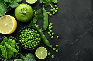 Fresh Green Peas and Pods on Black Background photo