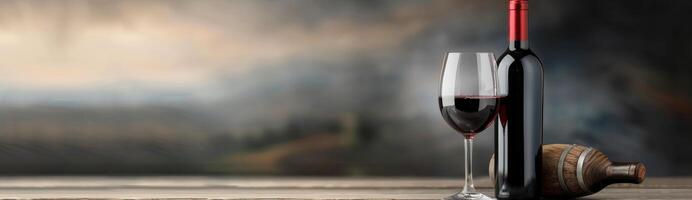 Wine Bottle, Glass, and Grapes on a Wooden Table photo