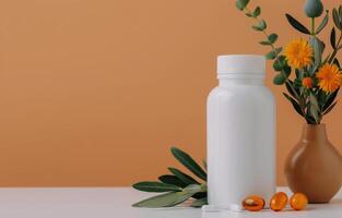 White Bottle of Supplements on Tan Background photo